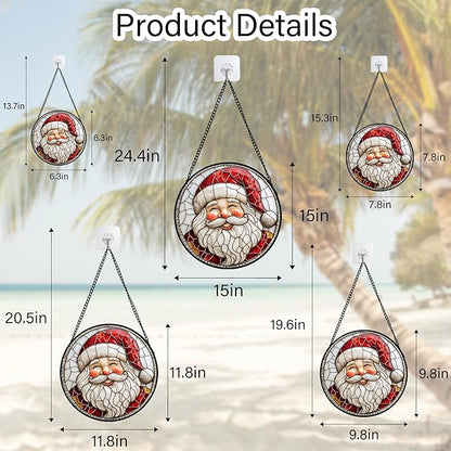 Stained Glass Window Hanging - Red White Santa Claus Suncatcher for Doors Home Christmas Decoration Winter Sun Catcher Thanksgiving New Year Birthday Gifts for Women Men Mom Nana Girl 15 in