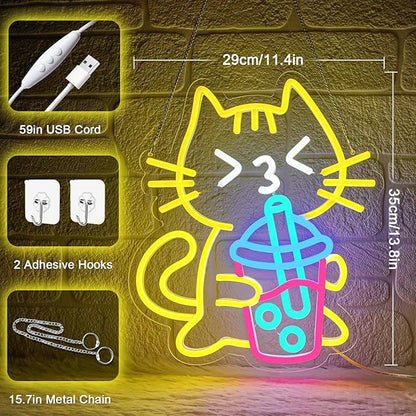 Cat Boba Tea Neon Sign Yellow Cat Led Neon Signs for Wall Decor USB Bubble Tea Neon Light Cute Animal Neon Light Sign for Bedroom Dessert Bar Coffee Shop Kitchen Restaurant Party