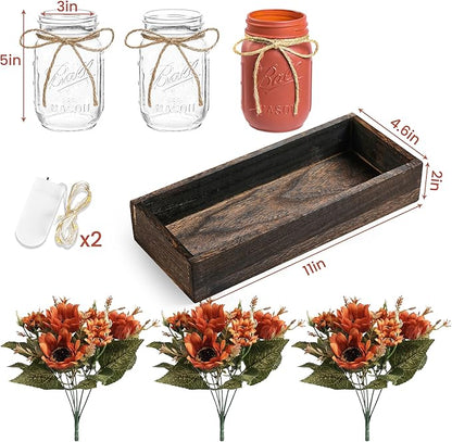 3 Pcs Fall Mason Jar Centerpiece Table Decorations for Dining Table Decor Farmhouse Coffee Table Decor with Wood Tray and Led Light Table Centerpieces for Dining Room Kitchen Living,Orange