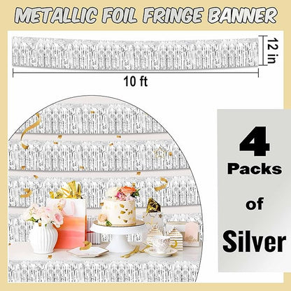4 Pack 10 Ft Silver Foil Fringe Garland Metallic Streamers Tinsel Banner Wall Hanging Garland Backdrop for Parade Floats, Halloween, Christmas, Thanksgiving, New Year Party Decorations
