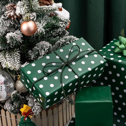 Flyhill Green Wrapping Paper Roll,Reversible Gift Wrap Paper with Polka Dot Design for Birthday,Christmas,Holiday,Party(17 Inch X 32.8 Feet)