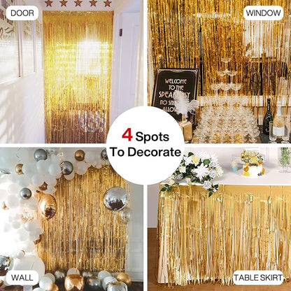 PartyWoo XtraLarge Foil Curtain Gold, 2 pcs 3.3x6.6 ft Tinsel Curtains for Birthday Wedding Party Photo Backdrop