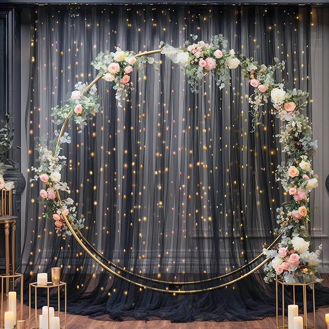 20×10ft Black Tulle Backdrop Curtain with Lights String for Parties, Sheer Photo Backdrop Curtains for Wedding Party Photography Background