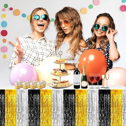 3 Pack 29 x108 Inch Black Gold Silver Foil Fringe Table Skirts Metallic Banner for Tinsel Streamer Garland Backdrop for Parade Floats Wedding Thanksgiving Birthday Christmas Halloween Party Decoration