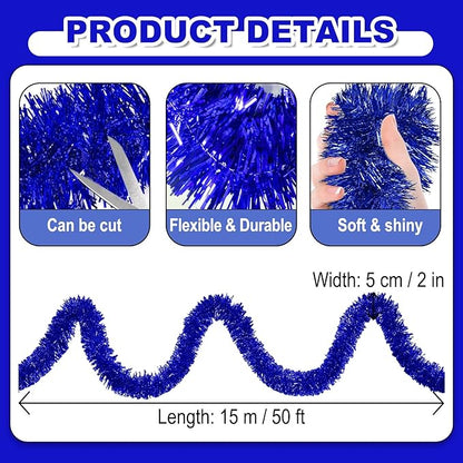 50 Feet Christmas Foil Fringe Banner Metallic Tassle Garland Metallic Backdrop Parade Floats Shiny Hanging Ceiling, Valentine's, Wedding, New Year Party Decorations(2" x 50', Blue)