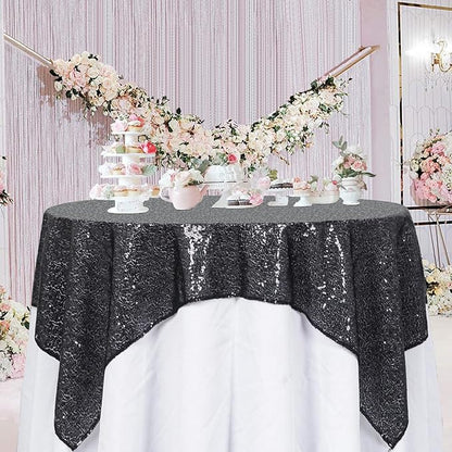 ShinyBeauty Black Tablecloths 36X36 Inch 2 Pieces Sequin Table Cloth for Party Sparkle Table Cloths Square Shimmer Table Overlay Small Wedding Birthday Halloween Tables Linen