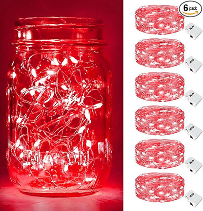 btfarm 6 Pack Fairy Lights Battery Operated [3 Modes], 7ft 20 Led Twinkle Lights String Lights Waterproof Bulk Small Mini Silver Wire for Christmas Mason Jars Wedding Table Centerpiece, Red