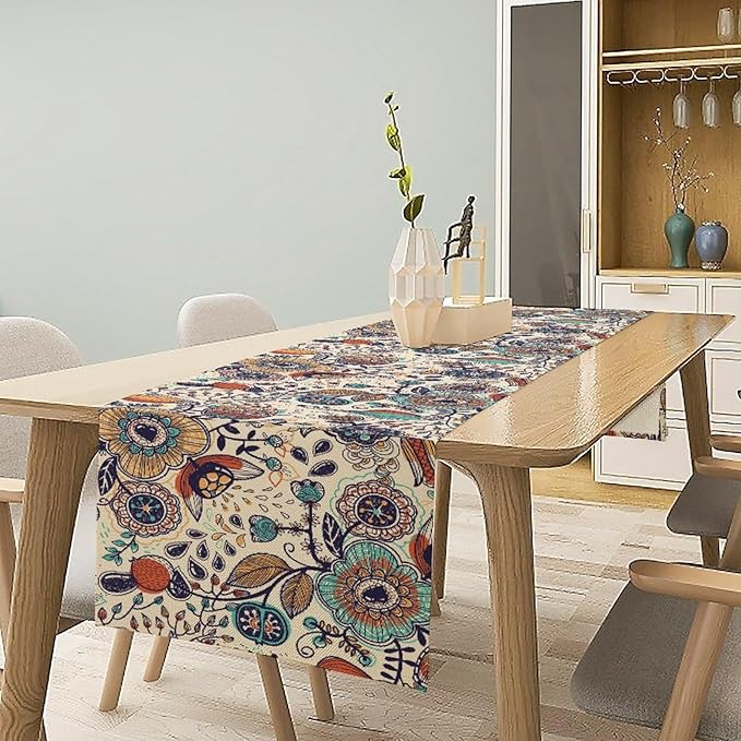 Boho Floral Table Runner,Vintage Flowers Tropical Plants Country Style Table Cloth Kitchen Dining Table Home Party Decoration 13x60 Inch