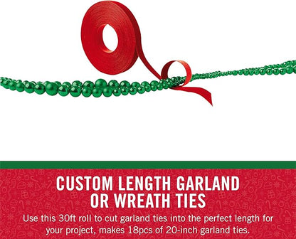 VELCRO Brand Holiday Garland Ties or Cable Straps | Hang Garlands, Lights or Wreath | for Banister, Railings, Stairs or Lamp Posts | 30ft Roll Cut to Custom Length | Red