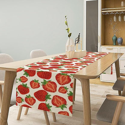 Strawberry Table Runner,Spring Summer Fruit Print Table Runner for Kitchen Dining Table Home Party Decoration 13x72 Inch