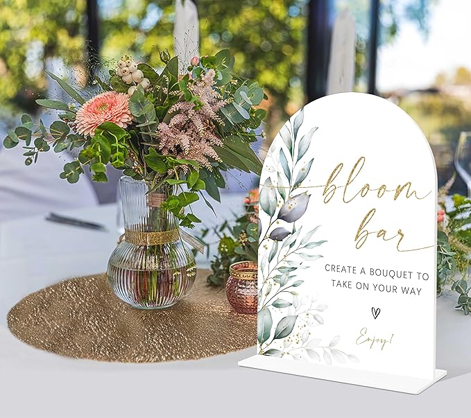 Acrylic Wedding Signs, Greenery Theme Bloom Bar Sign, Wedding Reception Signage, Bridal Shower Table Decor with Stand, Bloom Bar Supplies for Engagement, Anniversary, Newlywed Events and Parties, 01