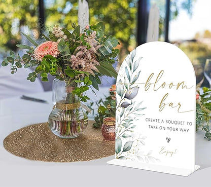 Acrylic Wedding Signs, Greenery Theme Bloom Bar Sign, Wedding Reception Signage, Bridal Shower Table Decor with Stand, Bloom Bar Supplies for Engagement, Anniversary, Newlywed Events and Parties, 01