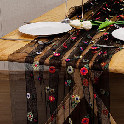 BINBE 1pcs Black Daisy Fall Table Runner Embroidery Gauze 10FT Florals Seasonal Tulle Holiday Birthday Kitchen Dining Table Decor for Home Party