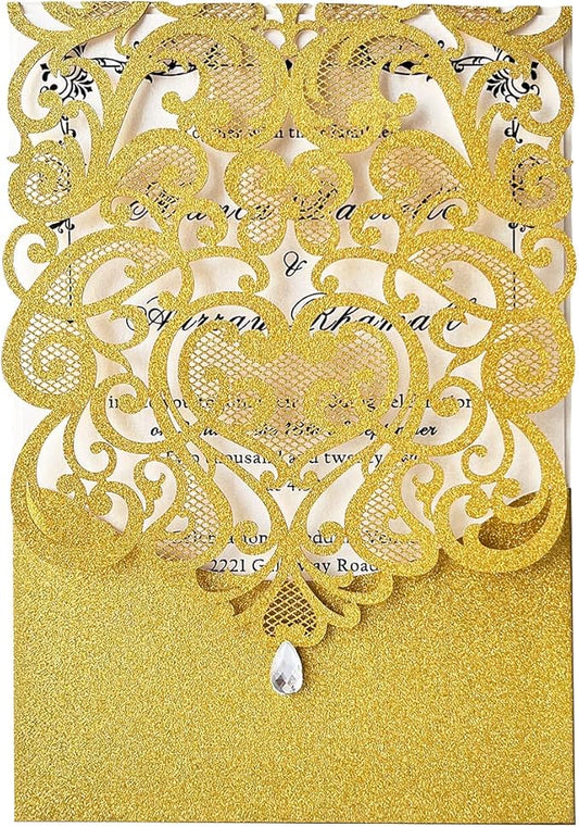 Hosmsua 50PCS Blank Wedding Invitation Cards 5 x 7.3 Inch Gold Laser Cut Hollow Heart Floral Invitation with Rhinestone pockets invitations for Engagement Quinceanera Invite (Gold Glitter)