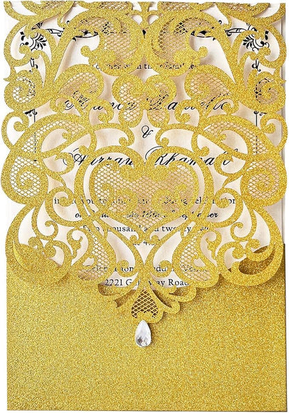 Hosmsua 5.12 x 7.3 50pcs Personalized Gold Laser Cut Flora Wedding Invitation Cards with Rhinestone and Envelopes Invitations for Quinceañera Wedding Invite (Customized Printed)