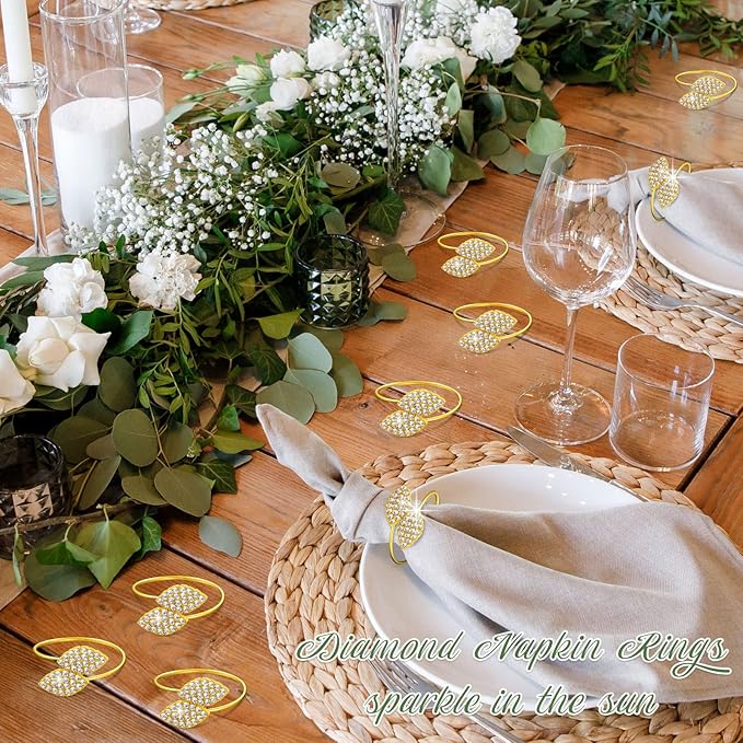 Hotop 300 Pcs Napkin Rings Gold Table Decorations, Elegant Bling Leaves Napkin Rings, Rhinestone Guest Towels Buckle for Wedding Gold Party, Thanksgiving Christmas Dinner Banquet Table Decoration
