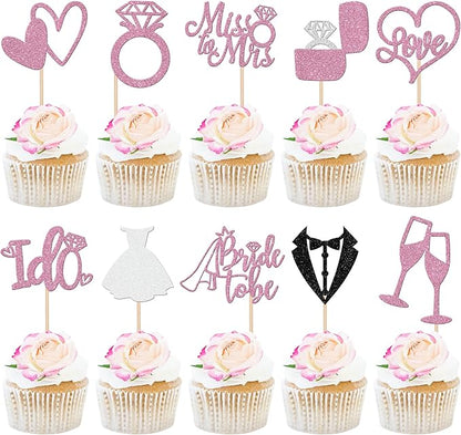 30 PCS Bride to Be Cupcake Toppers Glitter Miss to Mrs I Do Love Heart Ring Cupcake Picks Wedding Bridal Shower Cake Decorations for Wedding Engagement Bachelorette Party Supplies Purple