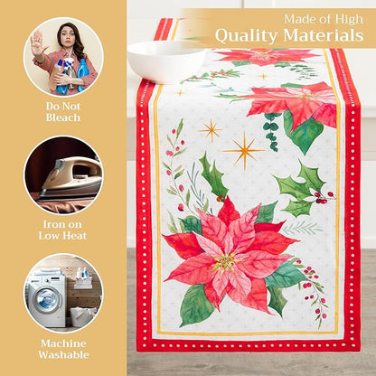 Maison d' Hermine Table Runner 100% Cotton Single Layer Table Runners 72 inches Long for Thanksgiving Christmas Decorations Home Kitchen Dining Party Wedding (Poinsettia Christmas, 14.5" x 72")