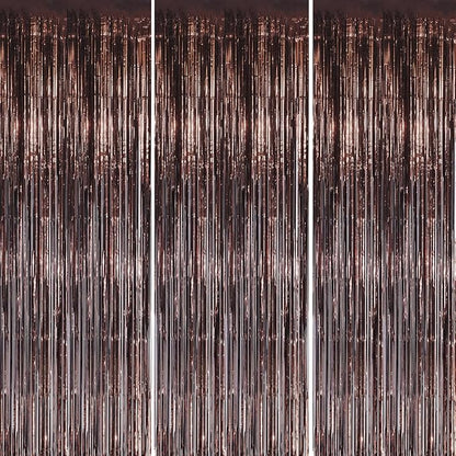 3 Pack Foil Fringe Backdrop - Brown Shiny Tinsel Curtains for Party Decoration/Photo Booth Props - 3.3x8.2 FT Metallic Foil Backdrop for Birthday, Wedding, Graduation, Christmas.