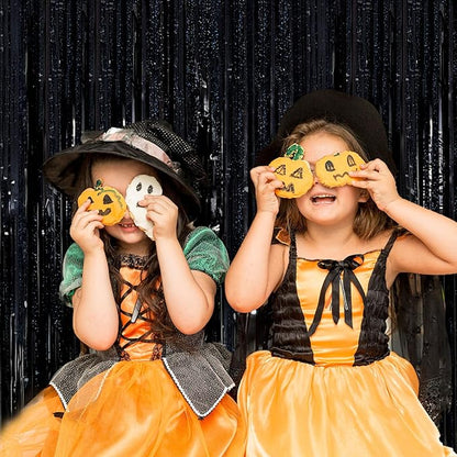 2 Pack Black Foil Fringe Curtain Backdrop Black Streamers Tinsel Backdrop Halloween Party Decor Birthday Wednesday Graduation Wizard Party Decorations for Men