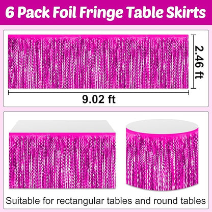 6 Pack 29x108 Inch Rose Red Wave Foil Fringe Table Skirts Metallic Banner for Tinsel Streamer Garland Backdrop for Parade Floats Wedding, Mother's Day, Birthday Mardi Gras Party Decorations
