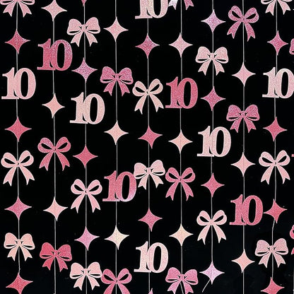 Glitter Pink 10th Bow Birthday Decorations Hot Pink Conquette Bow Garland Streamer Banner Backdrop for Girls Happy 10th Birthday Double Digits I'm 10 Cheers to 10 Years Old Anniversary Party Supplies