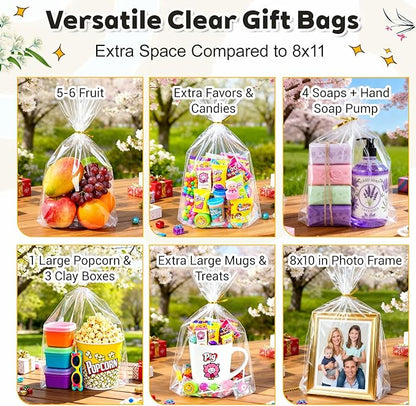 PigPotParty 12"x 16", 50Pcs Bottom Gusset Bags, Clear Plastic Cellophane Gift Mug Treat Goodie Bags with 50x Twist Ties, Large Party Favor Packaging, Toy Wrapping (No Side Gusset)