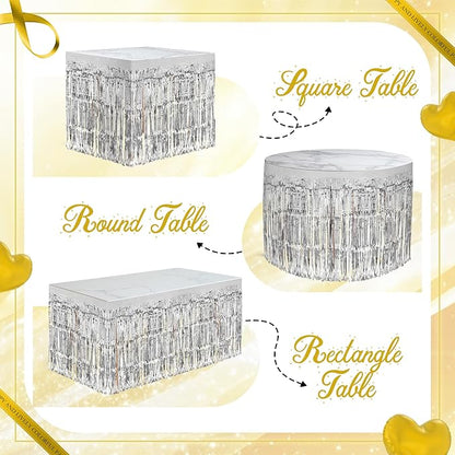 2 Pack Silver Table Skirts, 29x108" Metallic Foil Tinsel Fringe Table Skirts for Rectangle Tables Streamer Curtains Backdrop, Party Decorations for Birthdays Weddings Holidays