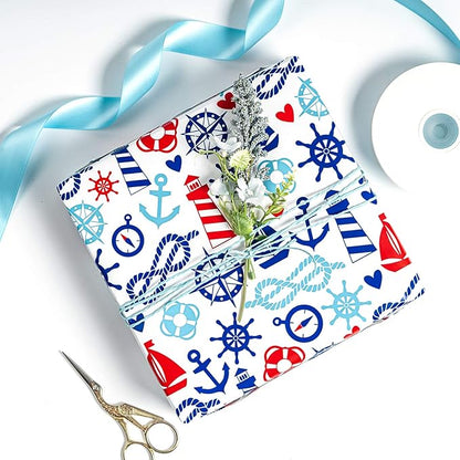 WRAPAHOLIC Nautical Anchors Wrapping Paper Roll - 17 Inch x 33 Feet - Nautical Element Anchor Design Perfect for Birthday, Nautical Beach Decoration, Baby Shower