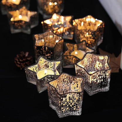 Letine 10pcs Silver Ribbed Star Candle Cups - Assorted Height Tea Light Holders, Votive Candle Holders forWedding, Fall Table Centerpiece, Mercury Glass Lucky Star Jar Decor(Tall 2.44", Short 1.57")