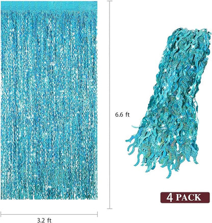 4 Pack Teal Aqua Blue Wavy Foil Fringe Curtains Party Decorations - 3.3 ft x 6.6 ft Sparkle Streamer Tinsel Curtain Party Photo Backdrops for Birthday Party Christmas Graduation Decoration