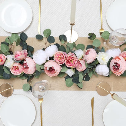 Floweroyal 2 Pack Artificial Flower Garlands 11.2FT Eucalyptus Garlands with Flowers 8 Head Peony Flower Vine Faux Floral Garland for Wedding Arch Table Wall Backdrop Wreath Decoration. (Pink & White)