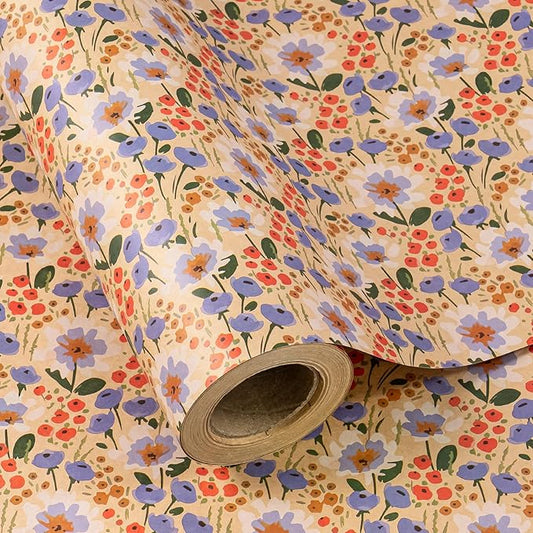 WRAPAHOLIC Kraft Floral Wrapping Paper Roll - Mini Roll - 17 Inch x 16.5 Feet - Watercolor Flower Wrapping Paper, Perfect for Wedding, Birthday, Bridal Shower, Tea Party