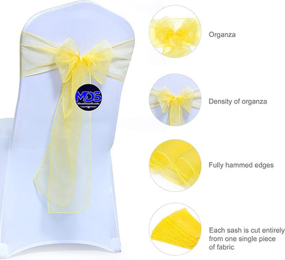 MDS Pack of 250 PCS Organza Chair Sashes Wider Dining Chair Bows Ribbon Tie Back for Wedding Party Birthday Bridal Shower Reception Event Banquet Home Chair Cover Decoration - Yellow