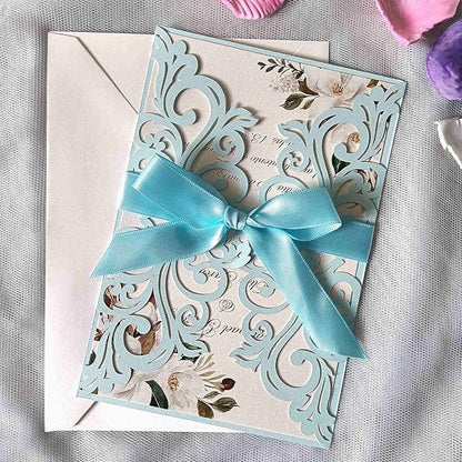 25PCS Light Blue Laser Cut Wedding Invitations Cards with Envelopes,Blank Inner Sheets,Ribbons for Wedding Bridal Shower Quinceanera Engagement Birthday Invites matte light blue B001
