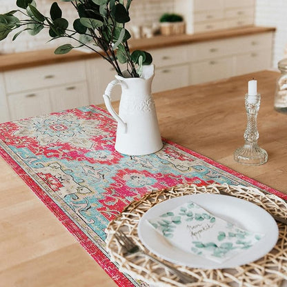 Snycler Table Runner Boho Table Runners Vintage Elegant Farmhouse Table Center Linen Decor for Home Dining Party Entrance (13x108 Inch) Boho-Pink