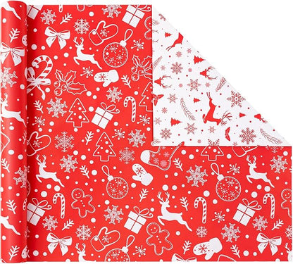 Christmas Gift Wrapping Paper Rolls,3 Rolls 17inches x 198inches Reversible Gift Wrapping Paper, Red Gold White Wrapping Paper, Snowflakes, Stripes, Plaid, Santa hat, Christmas decorations