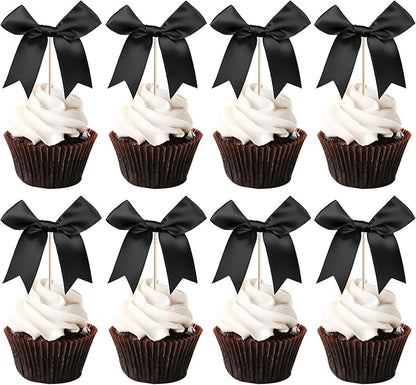 24 PCS Bow Cupcake Toppers Bowknot Cake Toppers Bow Cupcake Picks Bowknot Birthday Party Decorations Bow Cake Dessert Picks for Wedding Bridal Engagement Baby Shower Birthday Party Supplies Black
