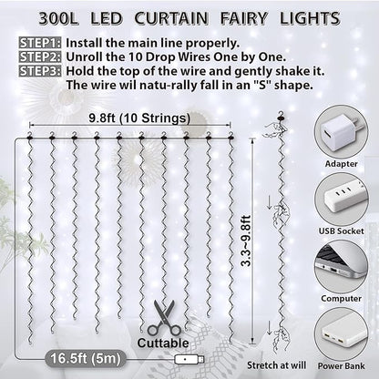 HXWEIYE 300LED Fairy Curtain Lights, 9.8x9.8Ft USB Plug-in 8 Modes Christmas String Hanging Lights with Remote for Bedroom Backdrop Wedding Party Indoor Wall Decor, White