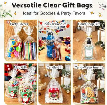 PigPotParty Cellophane Bags 8"x11", 100 Pack Clear Gift Bags, 3.15" Bottom Gusset for Stand-Up Display, Plastic Cellophane Gift Wrap, Ideal for Mugs, Goodies, Treats, Party Favors, Includes Gold Ties
