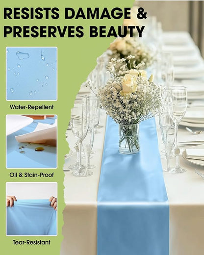 Pureegg Light Blue Plastic Table Runners - 10 Pack, 14'' x 108'', Water Resistant & Disposable Centerpiece Decorations for Table Cloth, Wedding, Birthday, Holiday, Baby Shower, Party, Home Decor
