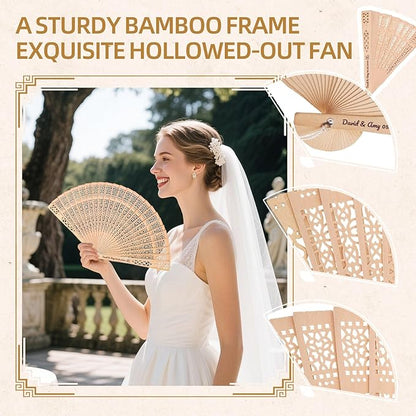 50pcs Personalized Wedding Fans for Guests - Custom Wooden Hand Fans with Names/Dates - Bulk Wedding Favors for Bridal Shower, Baby Shower & Parties (Wood, 50pcs)