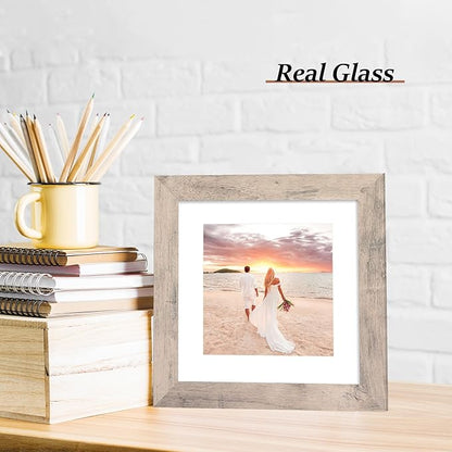 8x8 Picture Frames Set of 4 with High Definition Real Glass, Smoke Gray Frame Display 6x6 Pictures with Mat or 8 x 8 Without Mat, Wood Square Photo Frame for Wall Mount and Tabletop Display