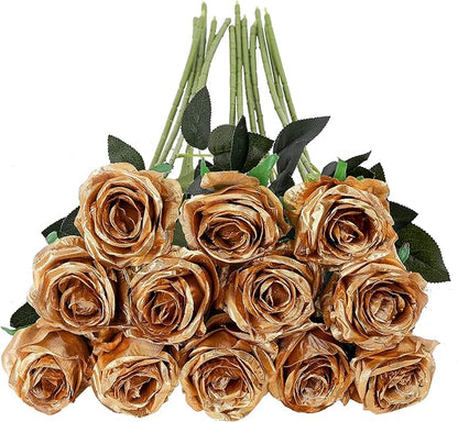 Tifuly Gold Roses Artificial Flowers -12Pcs Realistic Single Long Stem Fake Silk Roses Bouquet for Party Home Wedding Centerpiece Hotel Office Decor