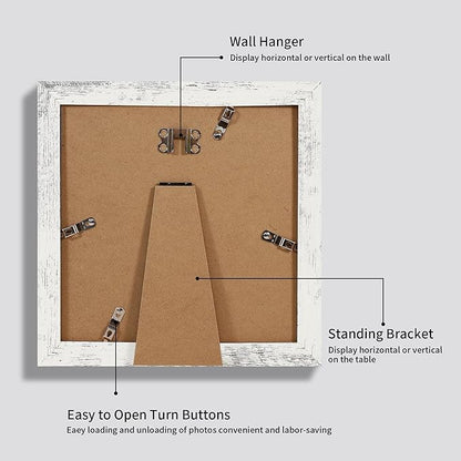 8x8 Picture Frames Set of 4 with Real Glass, Distressed White Frame Display 6x6 Pictures with Mat or 8 x 8 Without Mat, Wood Square Photo Frame for Wall Mount and Tabletop Display