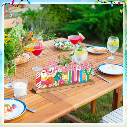 Christmas in July Metal Sign Rustic Table Decor Holiday Tiered Tray Decor with Wooden Base Freestanding Metal Word Sign for Home Tabletop Centerpiece Mantel Shelf Fireplace