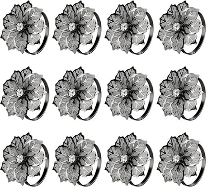 KPOSIYA Flower Napkin Rings Holder Metal Black Napkin Rings Set of 12 for Wedding Party Holiday Banquet Christmas Dinner Delicate Serviette Buckles Decor Favor (12, Black)