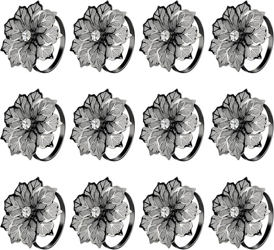 KPOSIYA Flower Napkin Rings Holder Metal Black Napkin Rings Set of 12 for Wedding Party Holiday Banquet Christmas Dinner Delicate Serviette Buckles Decor Favor (12, Black)