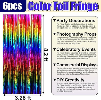 6 Pack Rainbow Foil Fringe Curtain Backdrop, 3.28Ft x 8.2Ft Metallic Tinsel Foil Fringe Streamer Curtains for Photo Booth, Birthday, Wedding, New Year Party Decorations