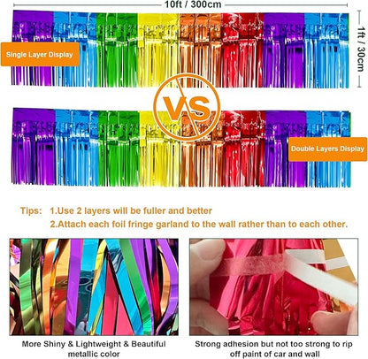4 Pack 10 Feet Colorful Foil Fringe Garland Rainbow Tinsel Streamers Banner Fringe Curtain Banner for Parade Floats Graduation Homecoming Carnival Birthday Pride Party Decor (Rainbow)